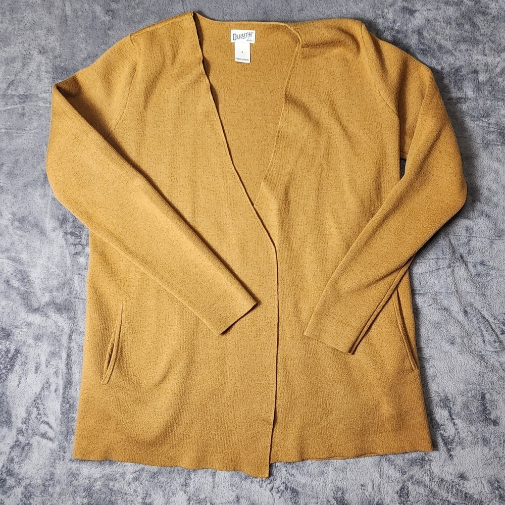 Duluth Trading Co Womens Small Mustard Yellow Open Front Cardigan Sweater Pocket